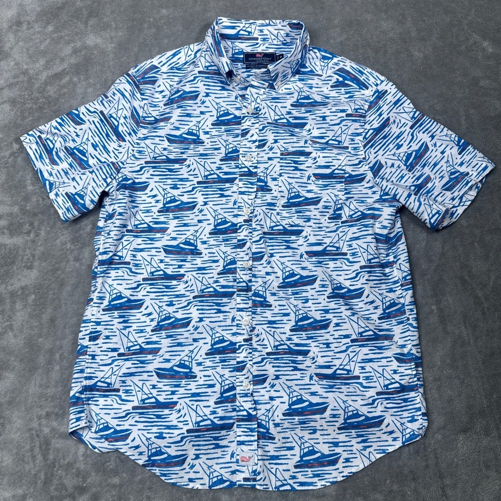 Vineyard Vines Shirt Medium Blue White Sailboat Classic Fit Murray Spandex AOP